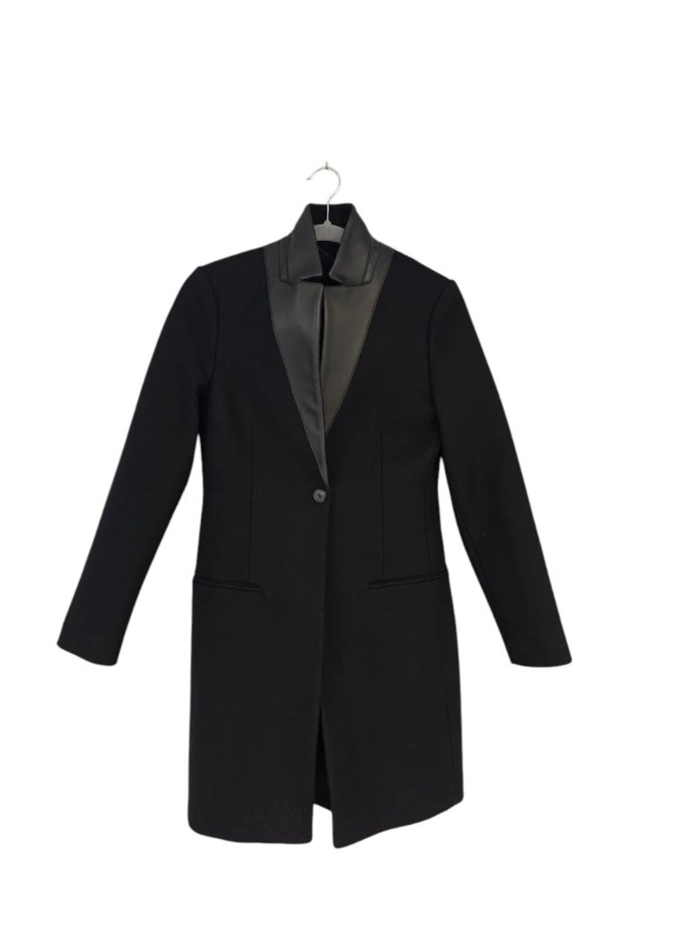 AllSaints Leni Lea Wool Black Leather Trim Collar Peacoat 4 Preowned - Picture 2 of 10